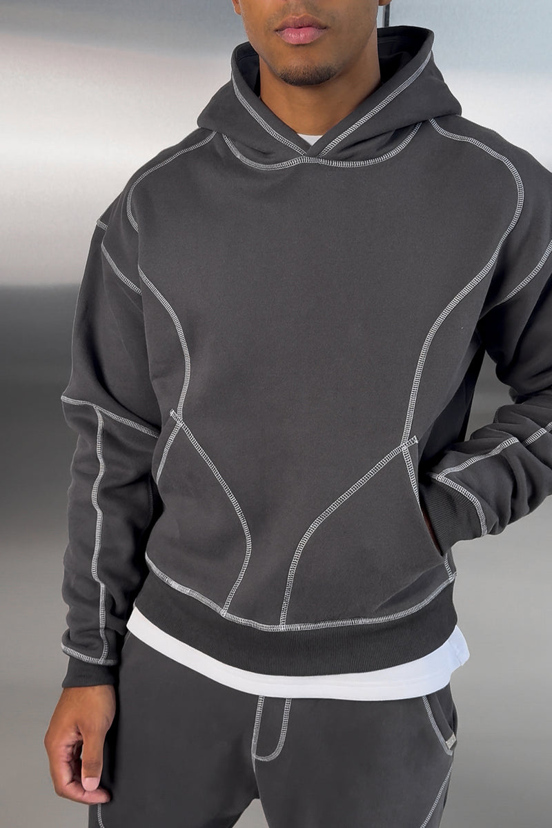 Contrast Stitch Pull Over Hoody - Charcoal