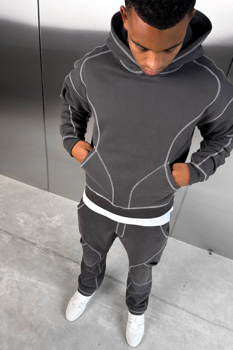 Contrast Stitch Pull Over Hoody - Charcoal