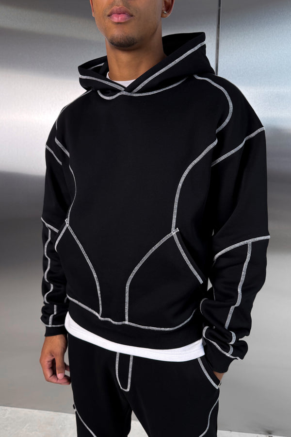 Contrast Stitch Pull Over Hoody - Black