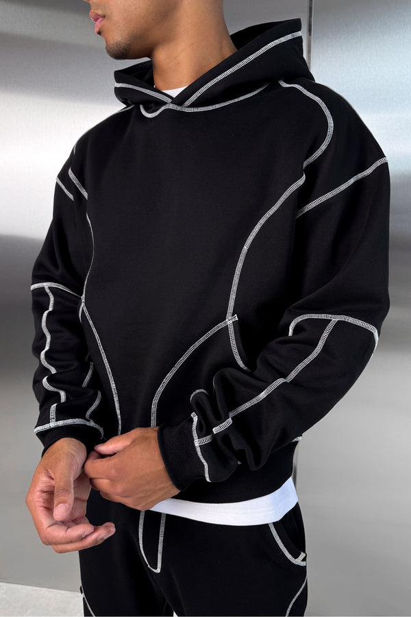 Contrast Stitch Pull Over Hoody - Black