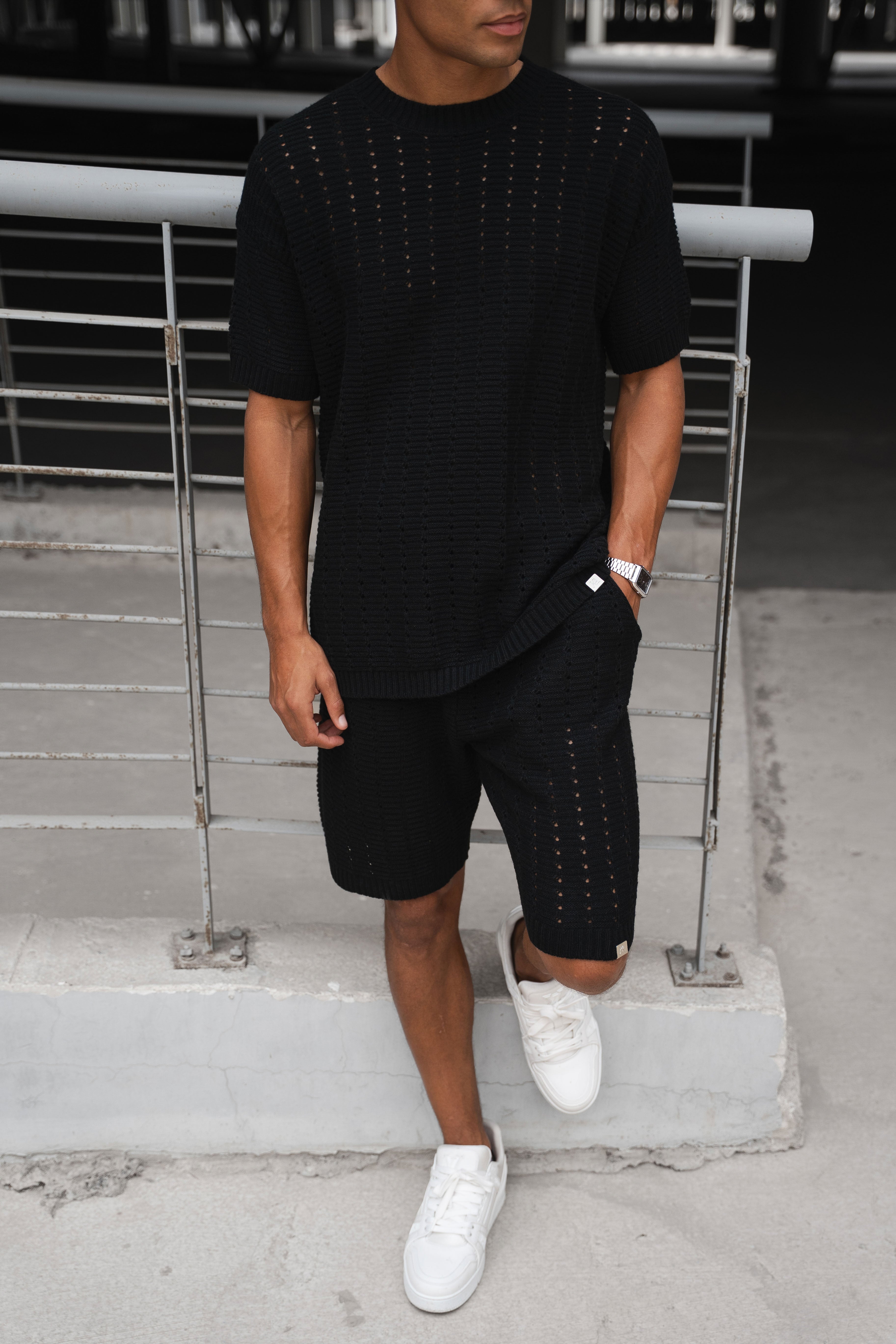Hole Knit Shorts - Black