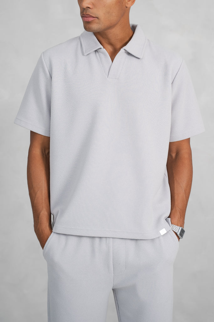 Waffle Boxy Open Neck Polo - Grey