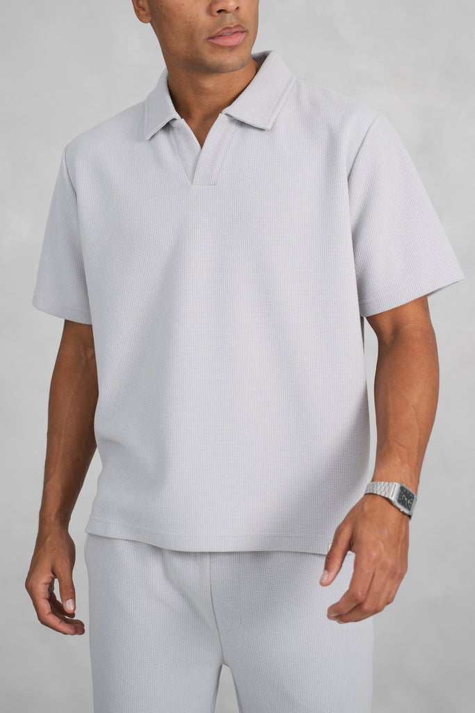 Waffle Boxy Open Neck Polo - Grey