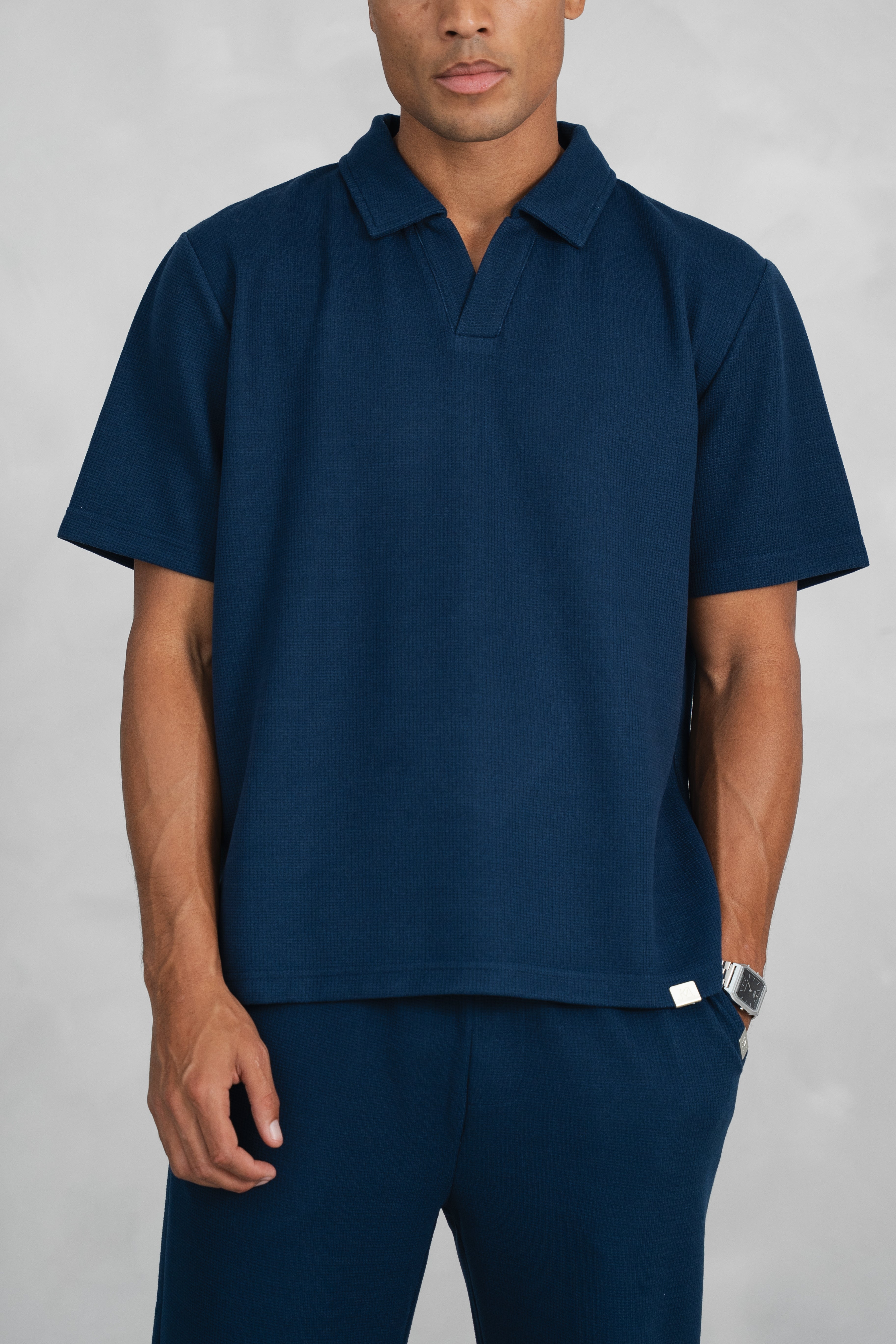 Waffle Boxy Open Neck Polo - Navy