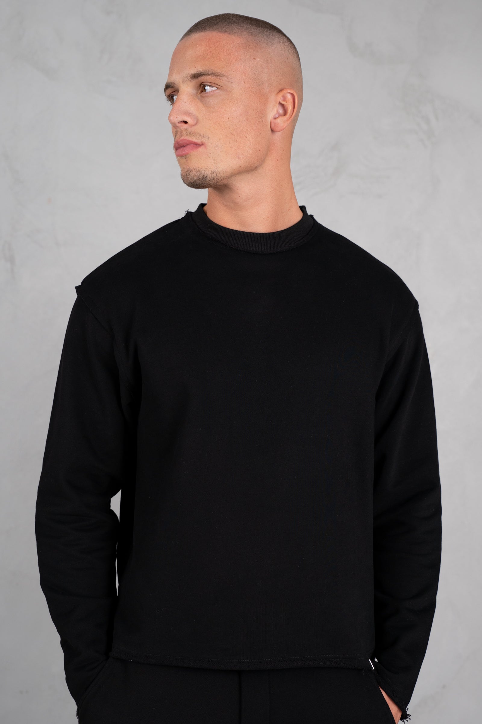 Raw Hem Crew Neck Sweatshirt - Black