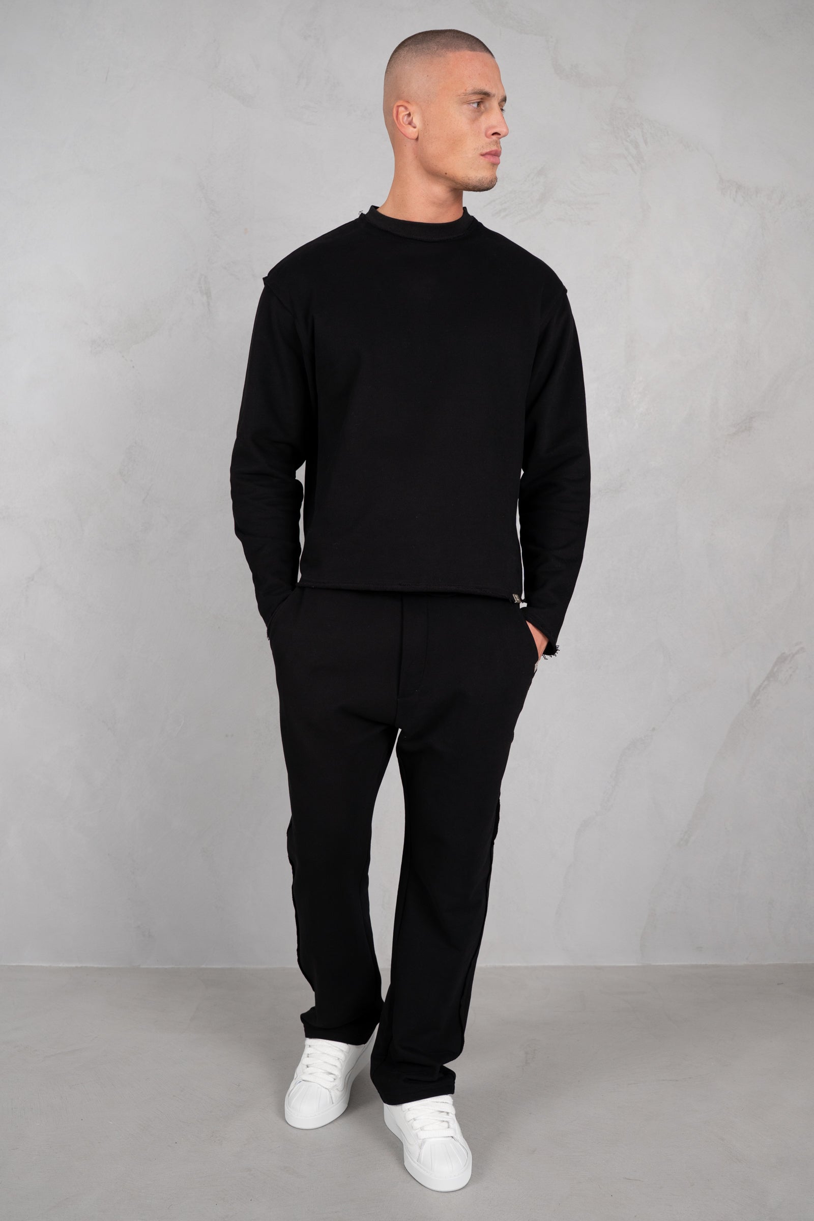 Raw Hem Crew Neck Sweatshirt - Black