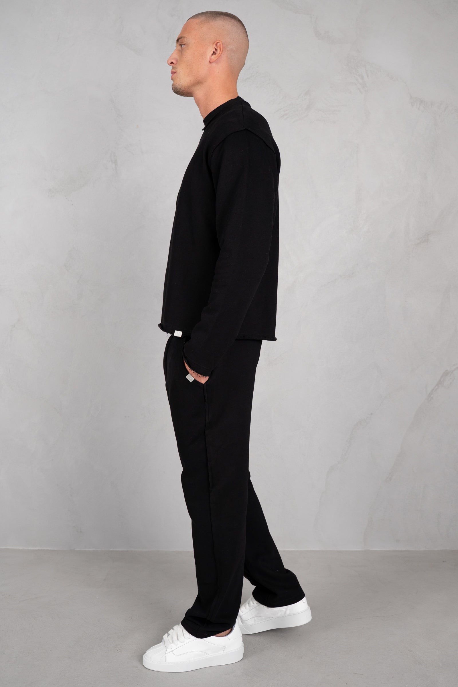 Raw Hem Crew Neck Sweatshirt - Black