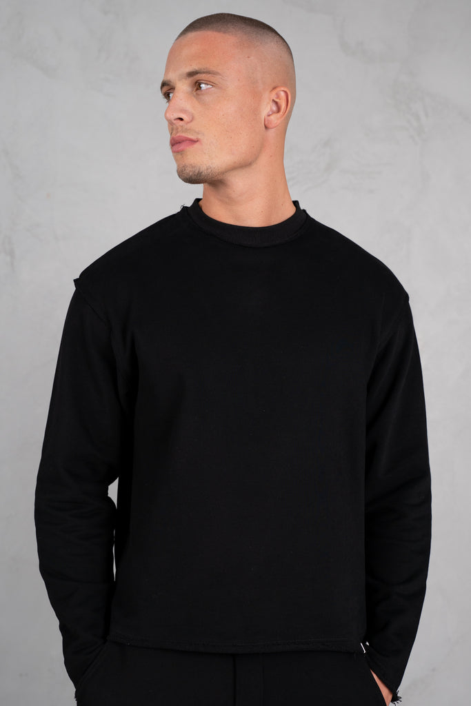 Raw Hem Crew Neck Sweatshirt - Black