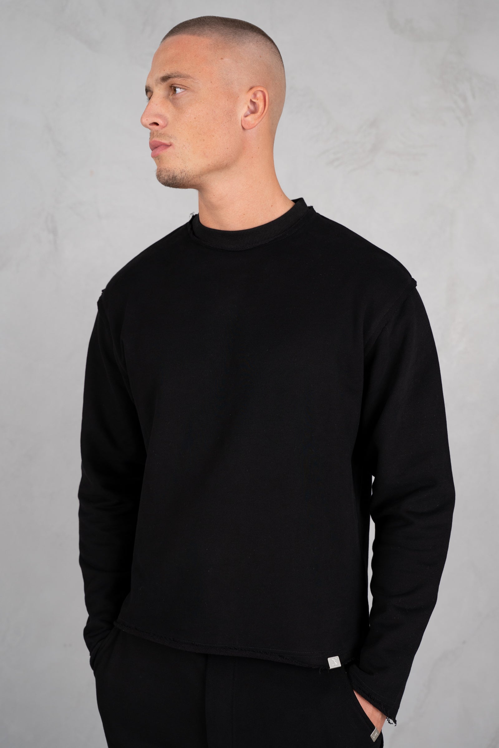 Raw Hem Crew Neck Sweatshirt - Black