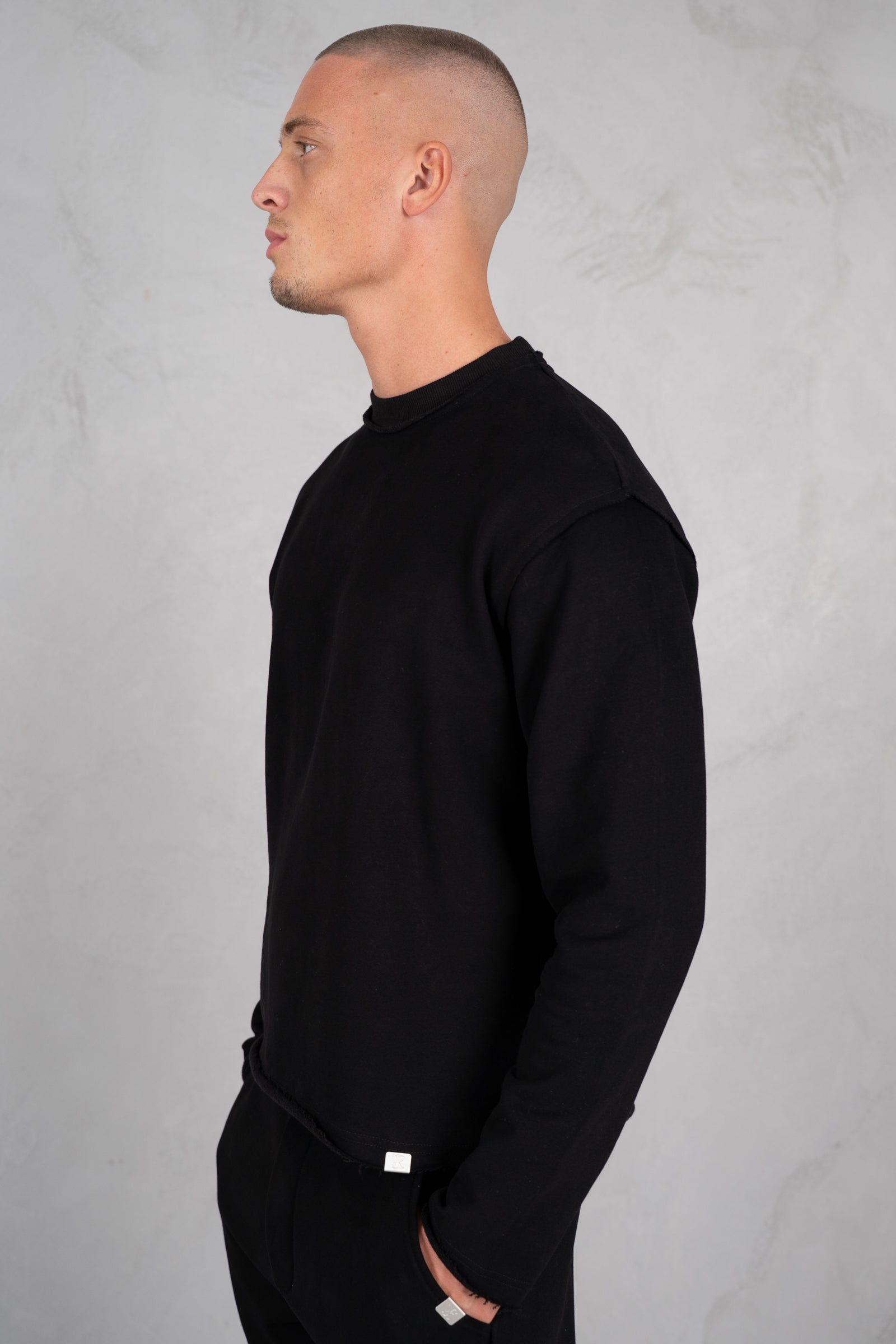Raw Hem Crew Neck Sweatshirt - Black