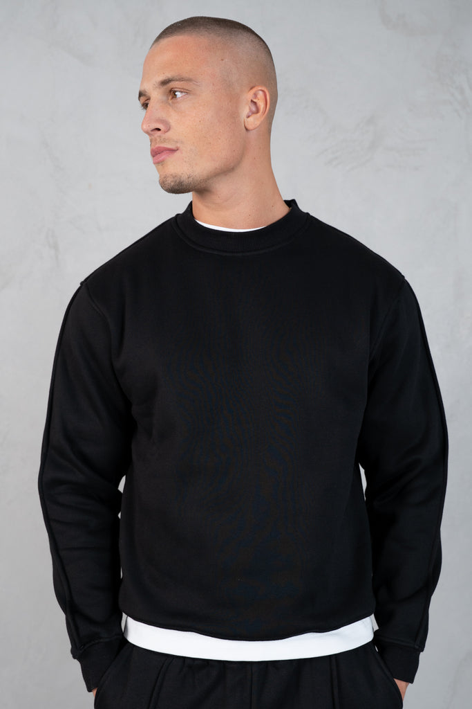Raw Hem Crew Neck Sweatshirt - Black