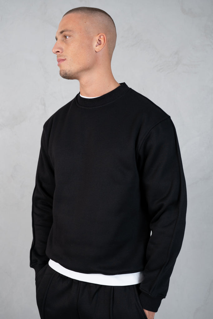 Raw Hem Crew Neck Sweatshirt - Black