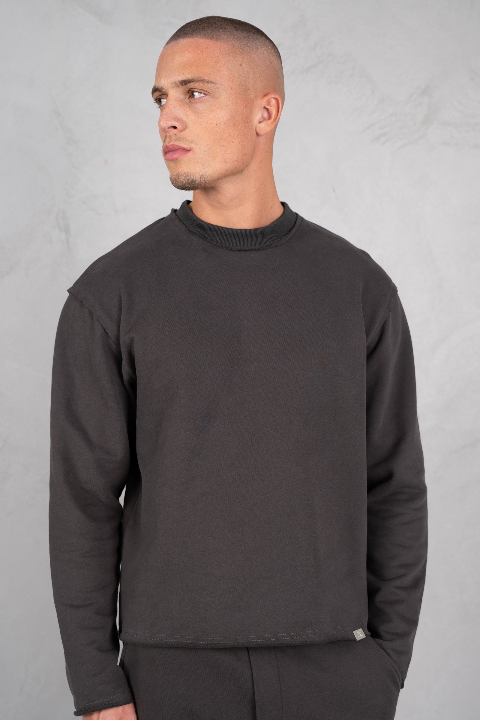 Raw Hem Crew Neck Sweatshirt - Charcoal