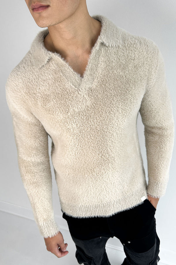 Open Neck Mohair Polo Pullover - Taupe