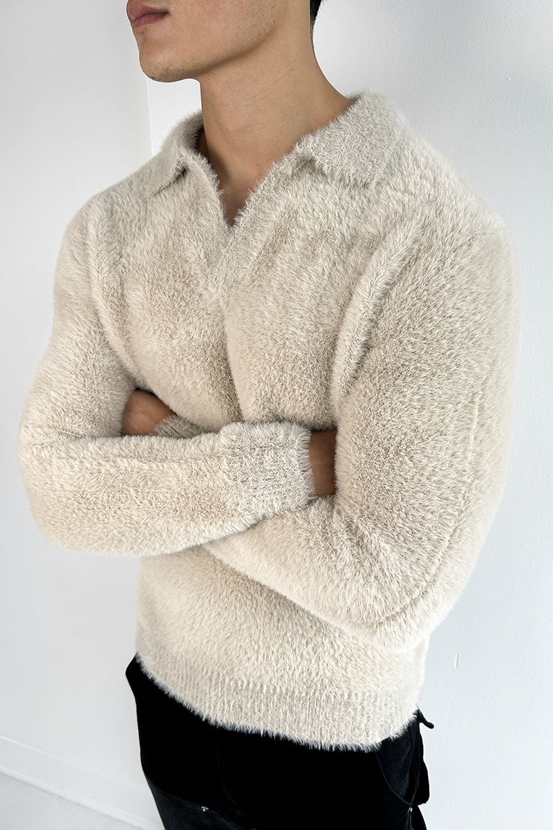 Open Neck Mohair Polo Pullover - Taupe