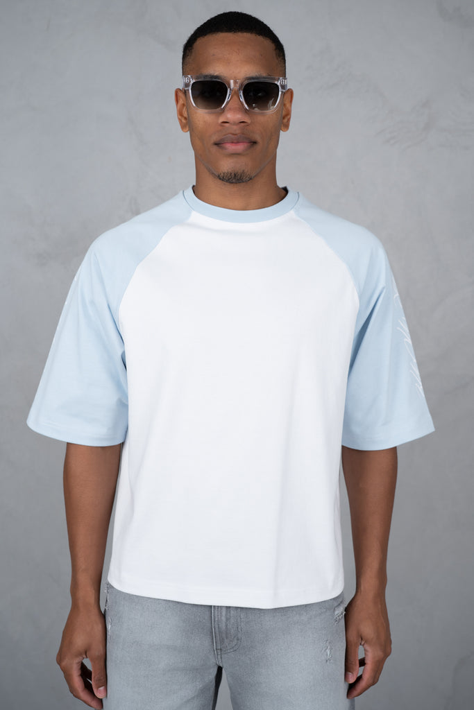 Scripture Raglan Boxy T-Shirt - White/Pastel Blue