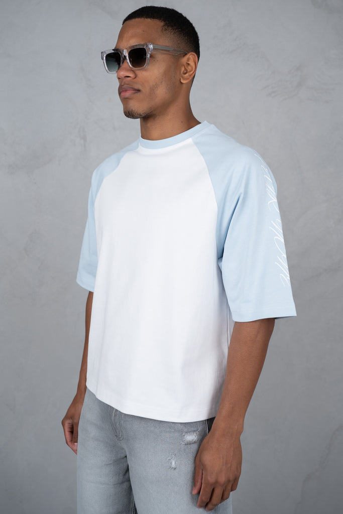 Scripture Raglan Boxy T-Shirt - White/Pastel Blue