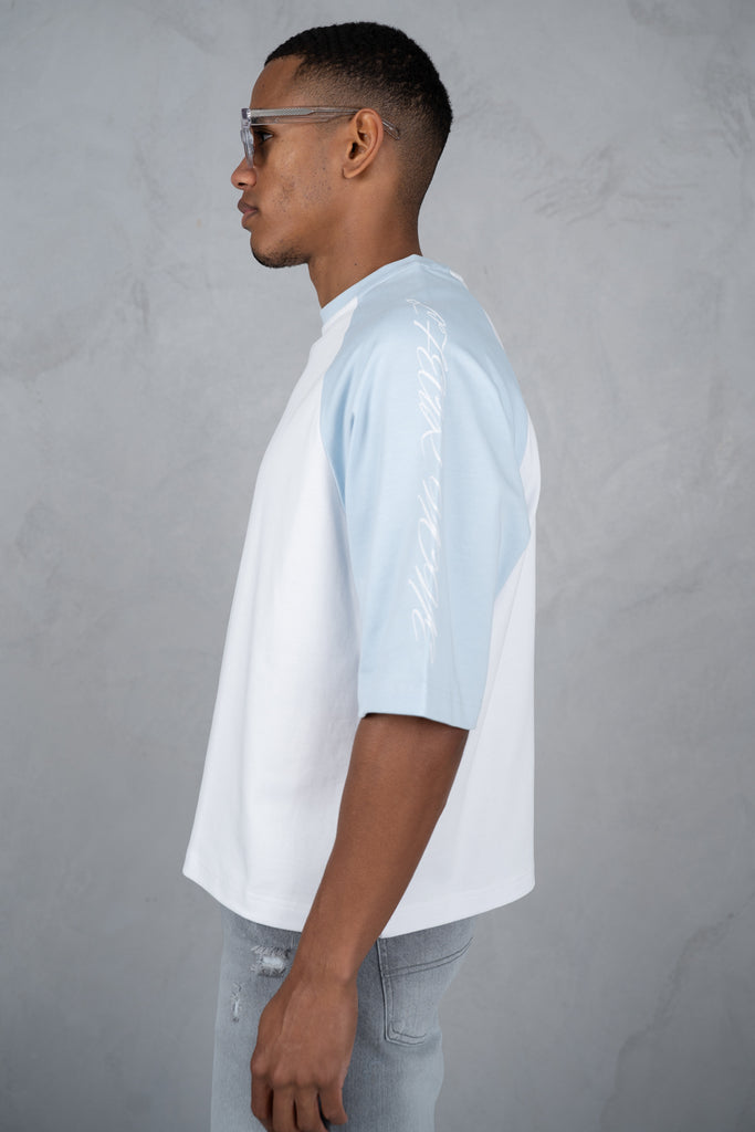 Scripture Raglan Boxy T-Shirt - White/Pastel Blue