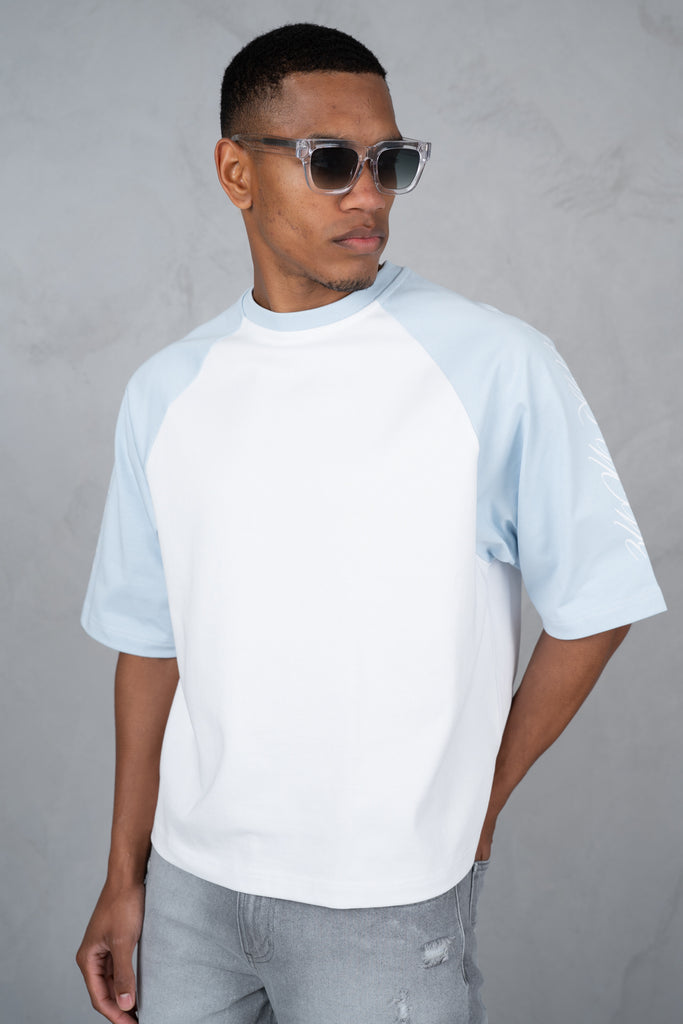 Scripture Raglan Boxy T-Shirt - White/Pastel Blue