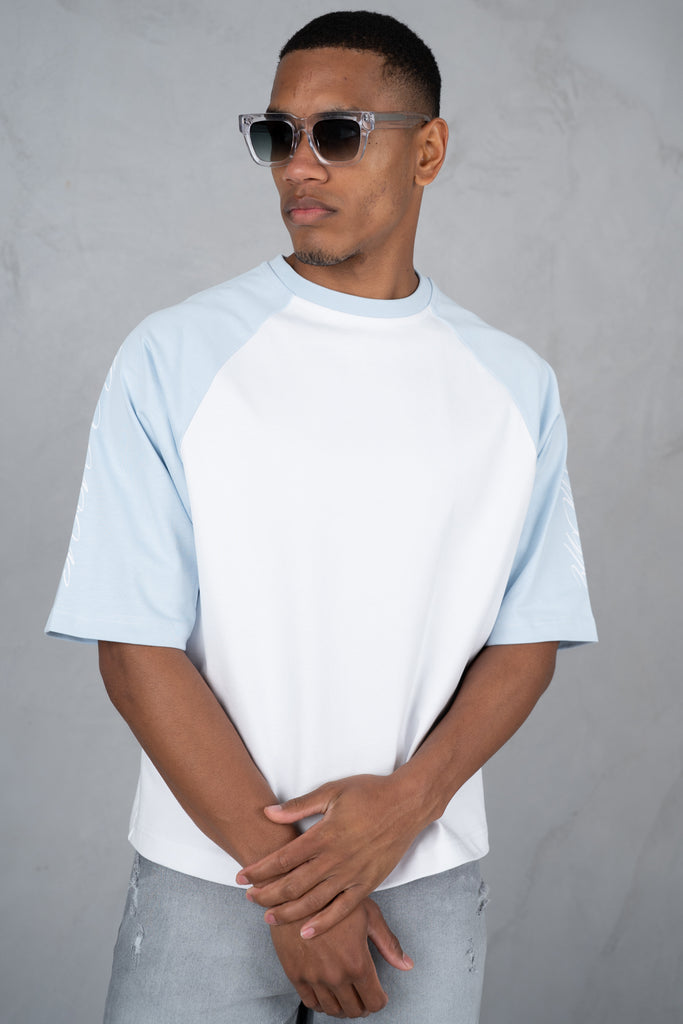 Scripture Raglan Boxy T-Shirt - White/Pastel Blue