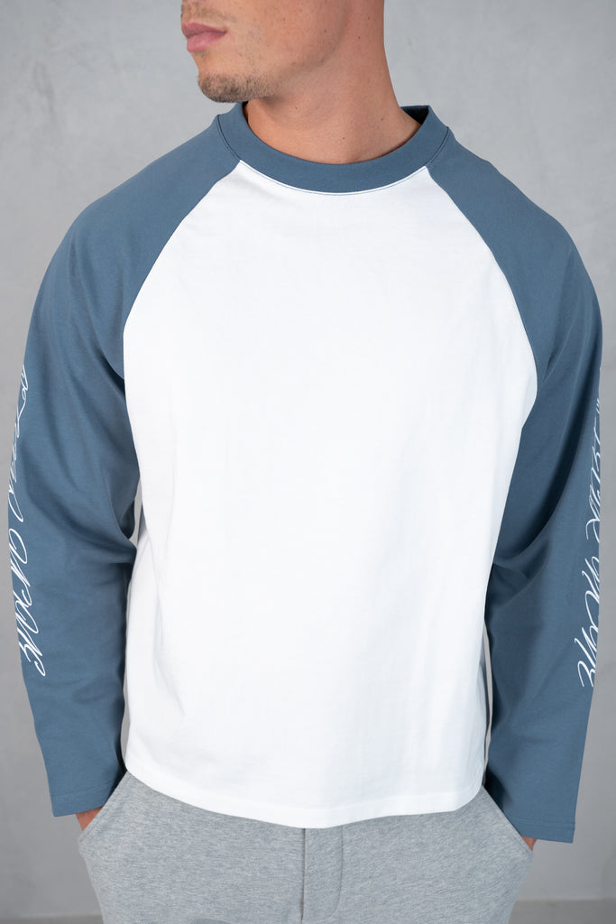 Scripture Raglan Long Sleeve Boxy T-Shirt - Slate Blue/White