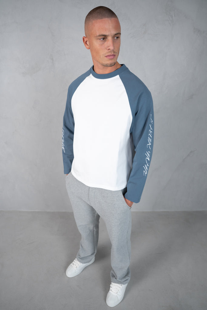 Scripture Raglan Long Sleeve Boxy T-Shirt - Slate Blue/White