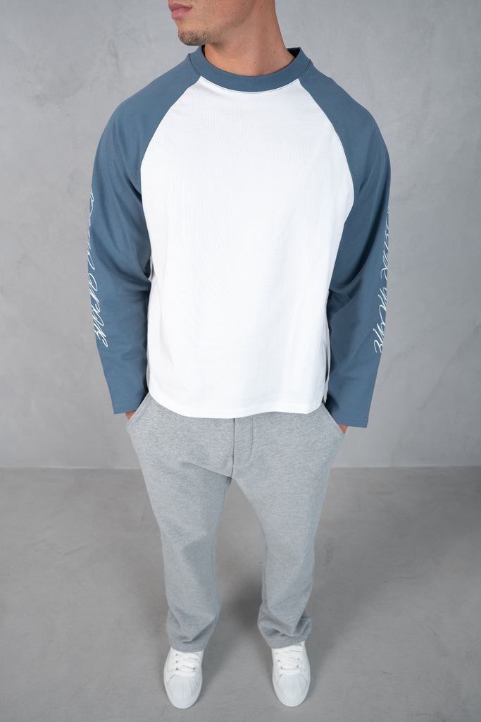 Scripture Raglan Long Sleeve Boxy T-Shirt - Slate Blue/White