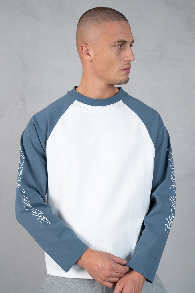 Scripture Raglan Long Sleeve Boxy T-Shirt - Slate Blue/White