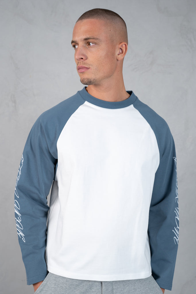 Scripture Raglan Long Sleeve Boxy T-Shirt - Slate Blue/White