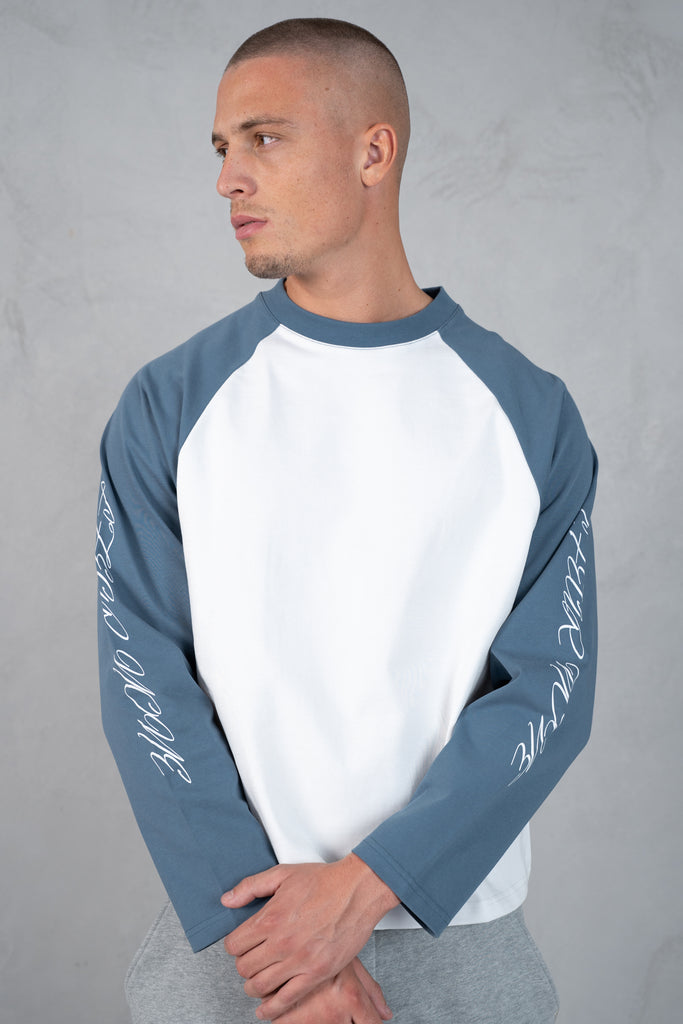 Scripture Raglan Long Sleeve Boxy T-Shirt - Slate Blue/White