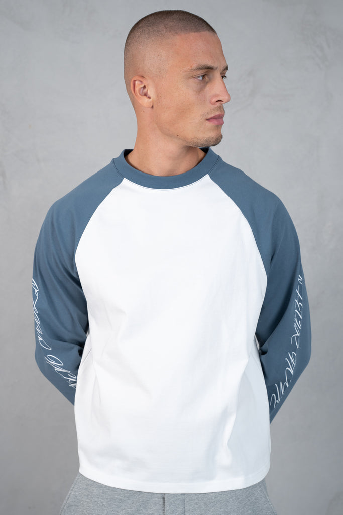 Scripture Raglan Long Sleeve Boxy T-Shirt - Slate Blue/White