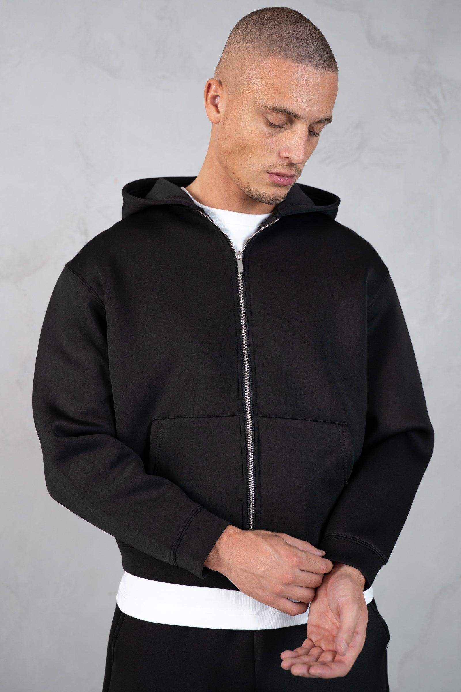 Boxy Scuba Zip Through Hoodie - Black