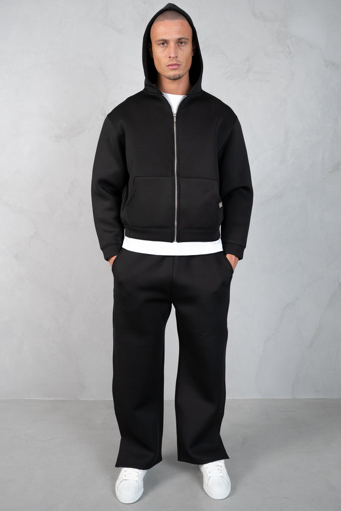 Boxy Scuba Zip Through Hoodie - Black