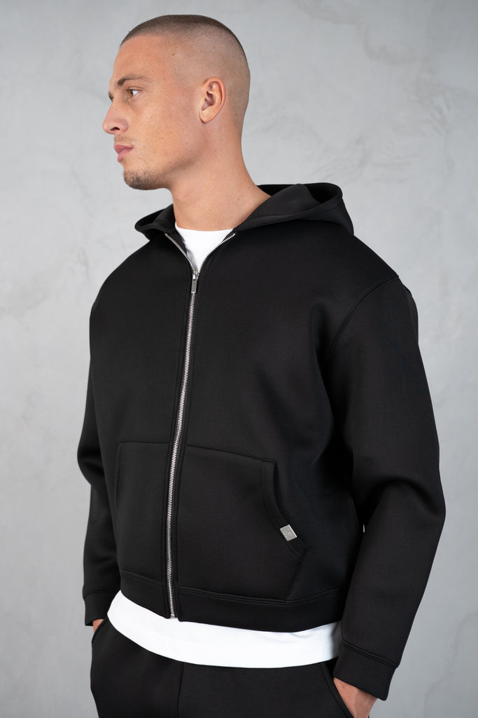 Boxy Scuba Zip Through Hoodie - Black