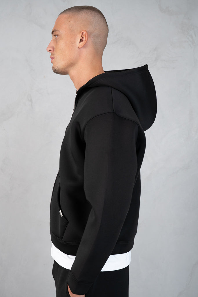 Boxy Scuba Zip Through Hoodie - Black