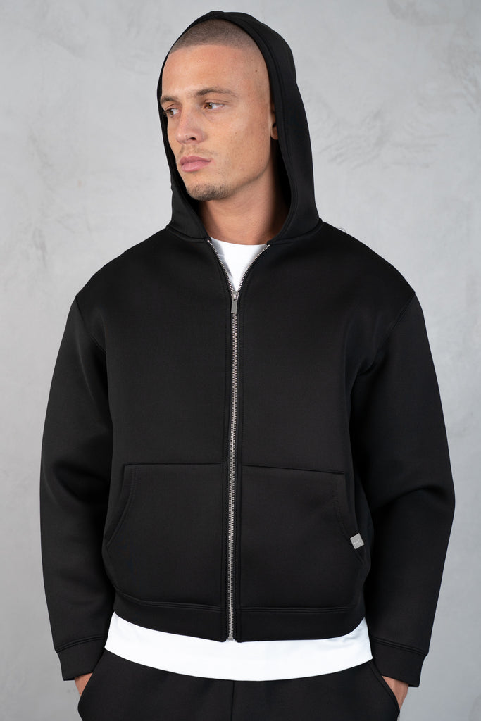 Boxy Scuba Zip Through Hoodie - Black