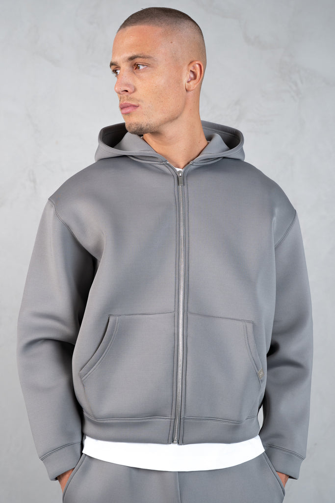 Boxy Scuba Zip Through Hoodie - Grey