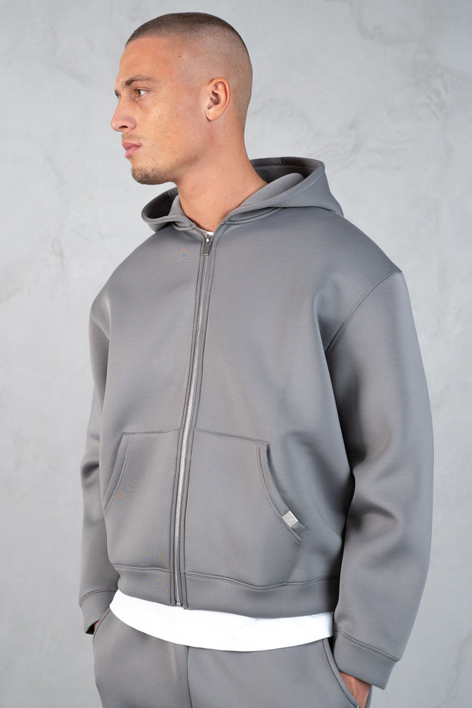 Boxy Scuba Zip Through Hoodie - Grey