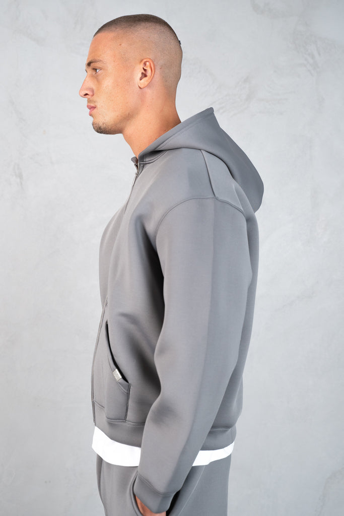 Boxy Scuba Zip Through Hoodie - Grey