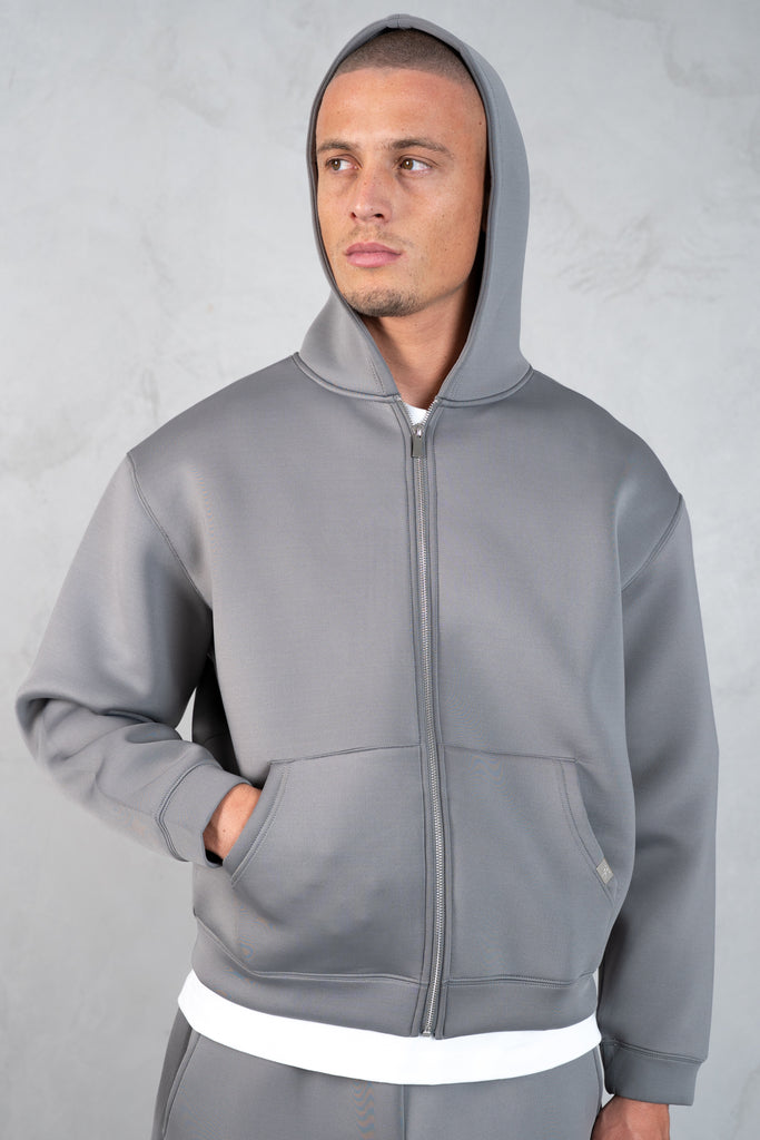 Boxy Scuba Zip Through Hoodie - Grey