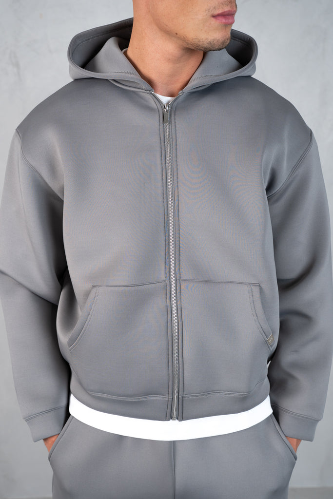 Boxy Scuba Zip Through Hoodie - Grey