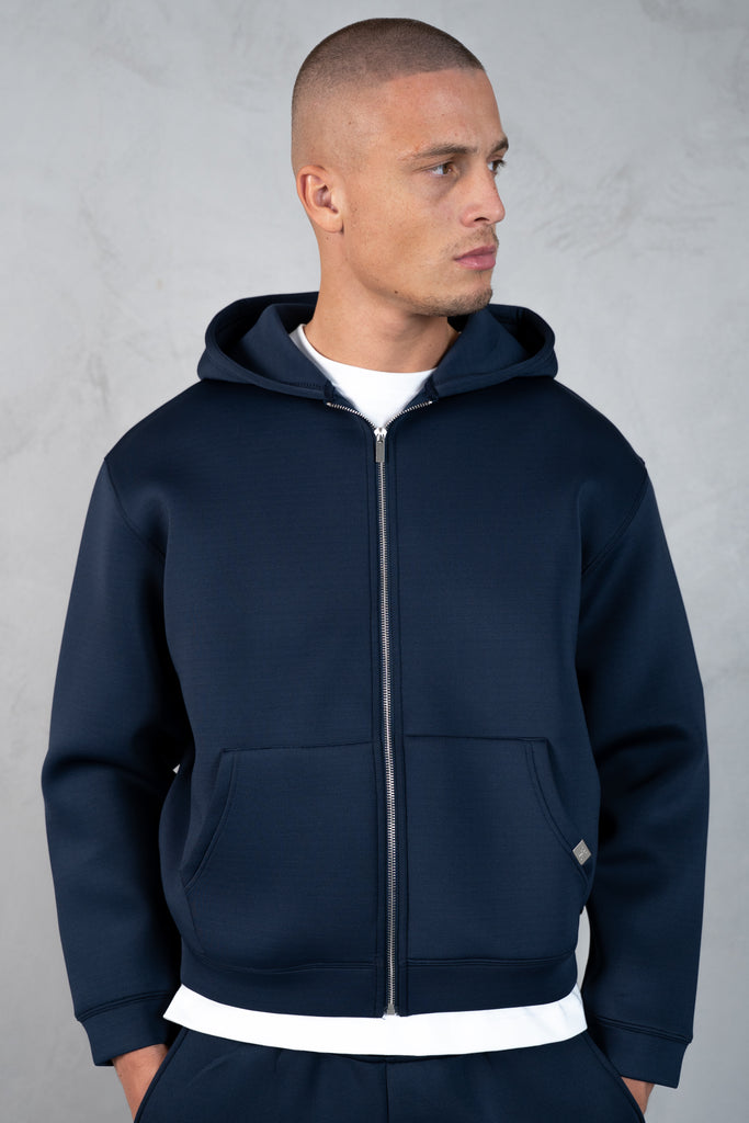 Boxy Scuba Zip Through Hoodie - Navy