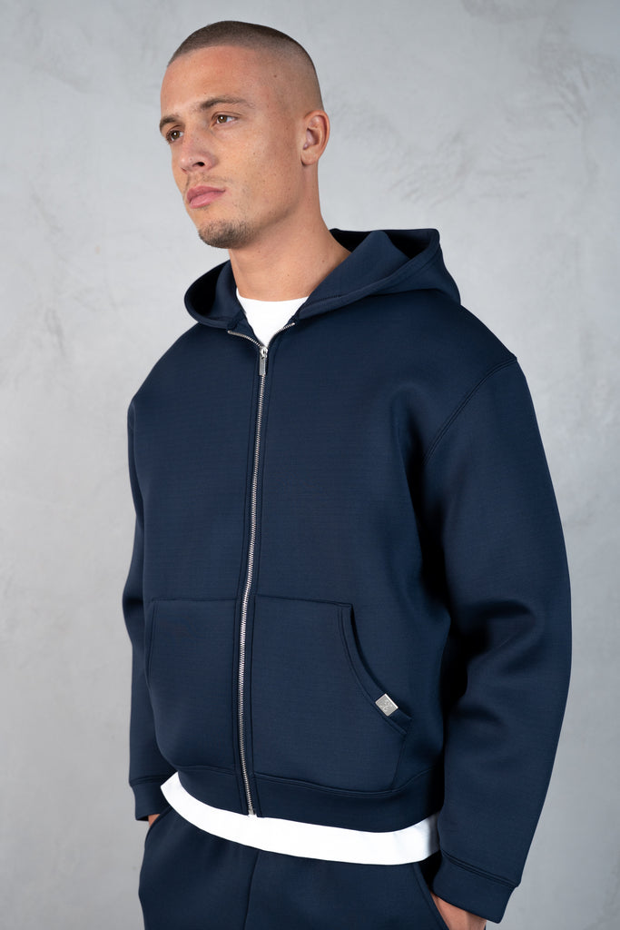 Boxy Scuba Zip Through Hoodie - Navy