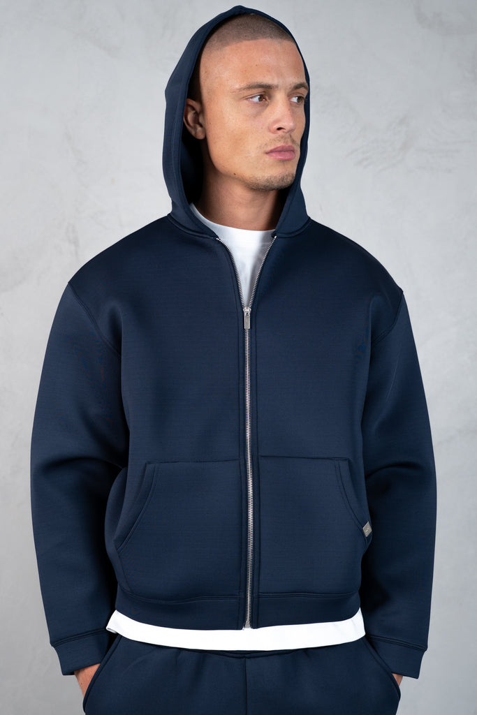 Boxy Scuba Zip Through Hoodie - Navy