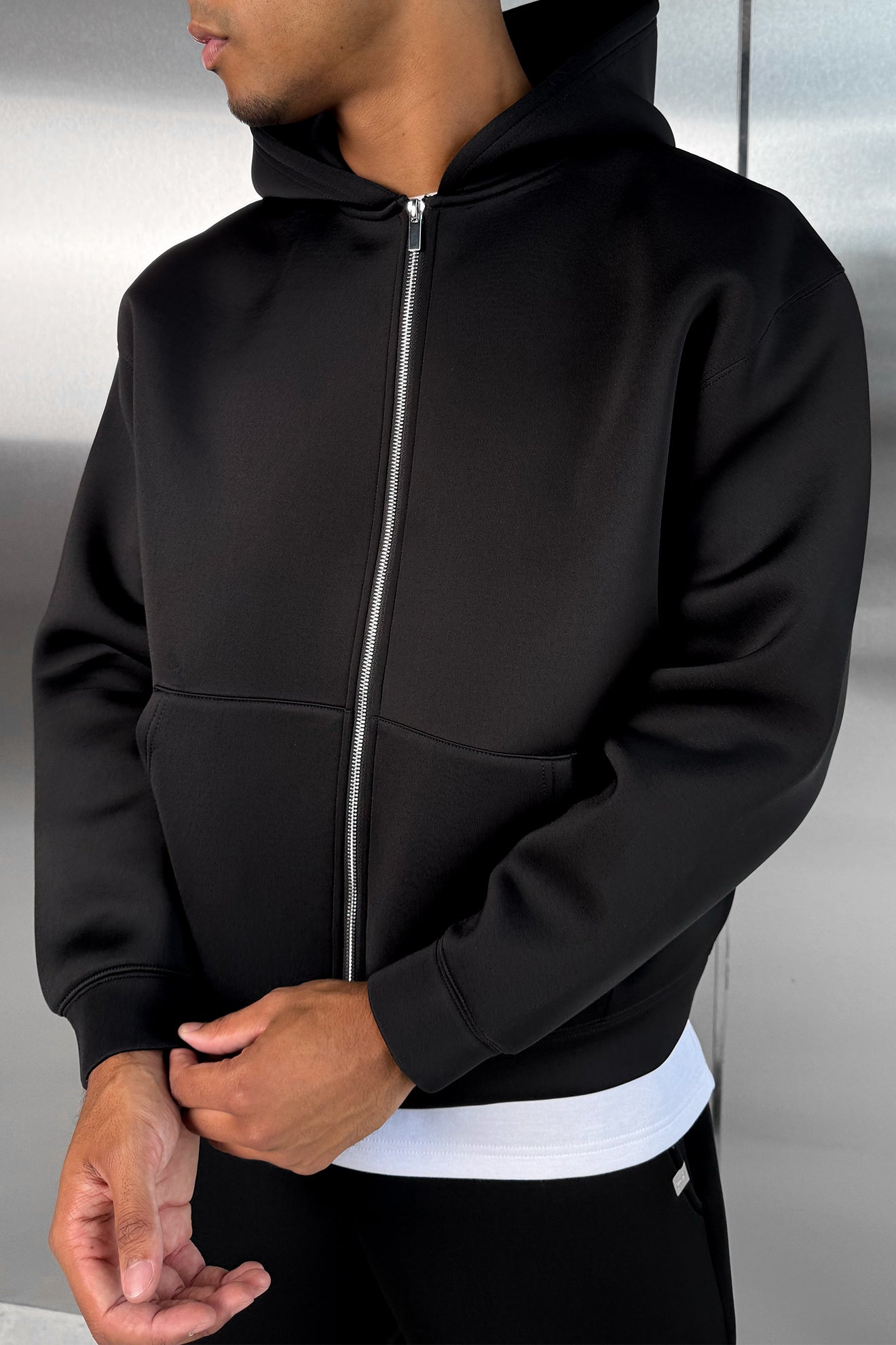 Boxy Scuba Zip Through Hoodie - Black