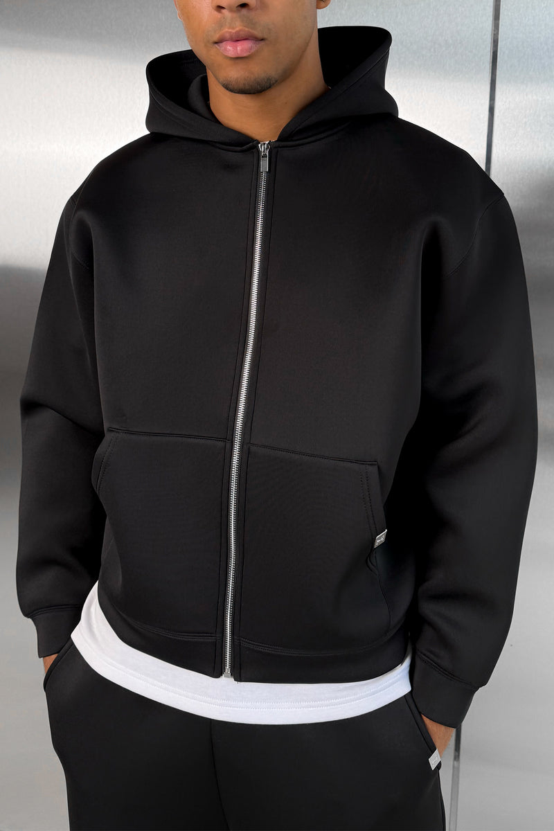 Boxy Scuba Zip Through Hoodie - Black