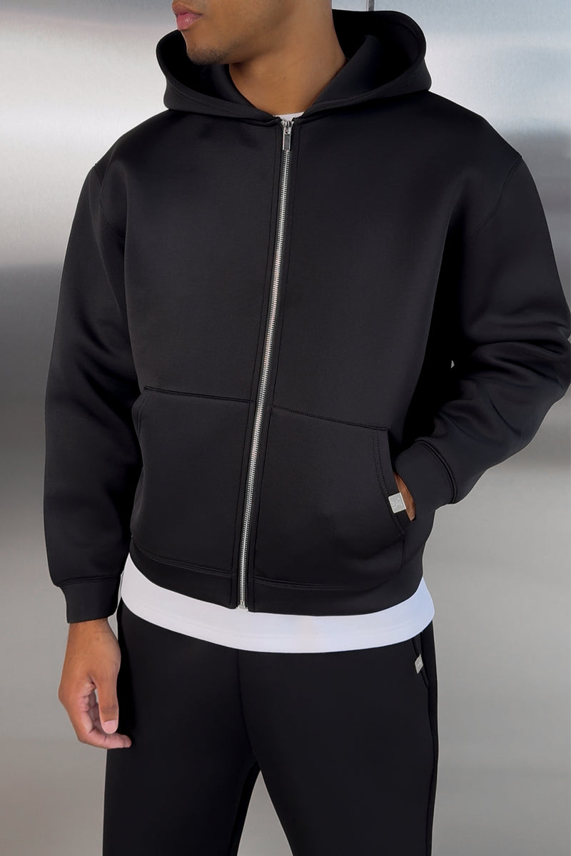 Boxy Scuba Zip Through Hoodie - Black