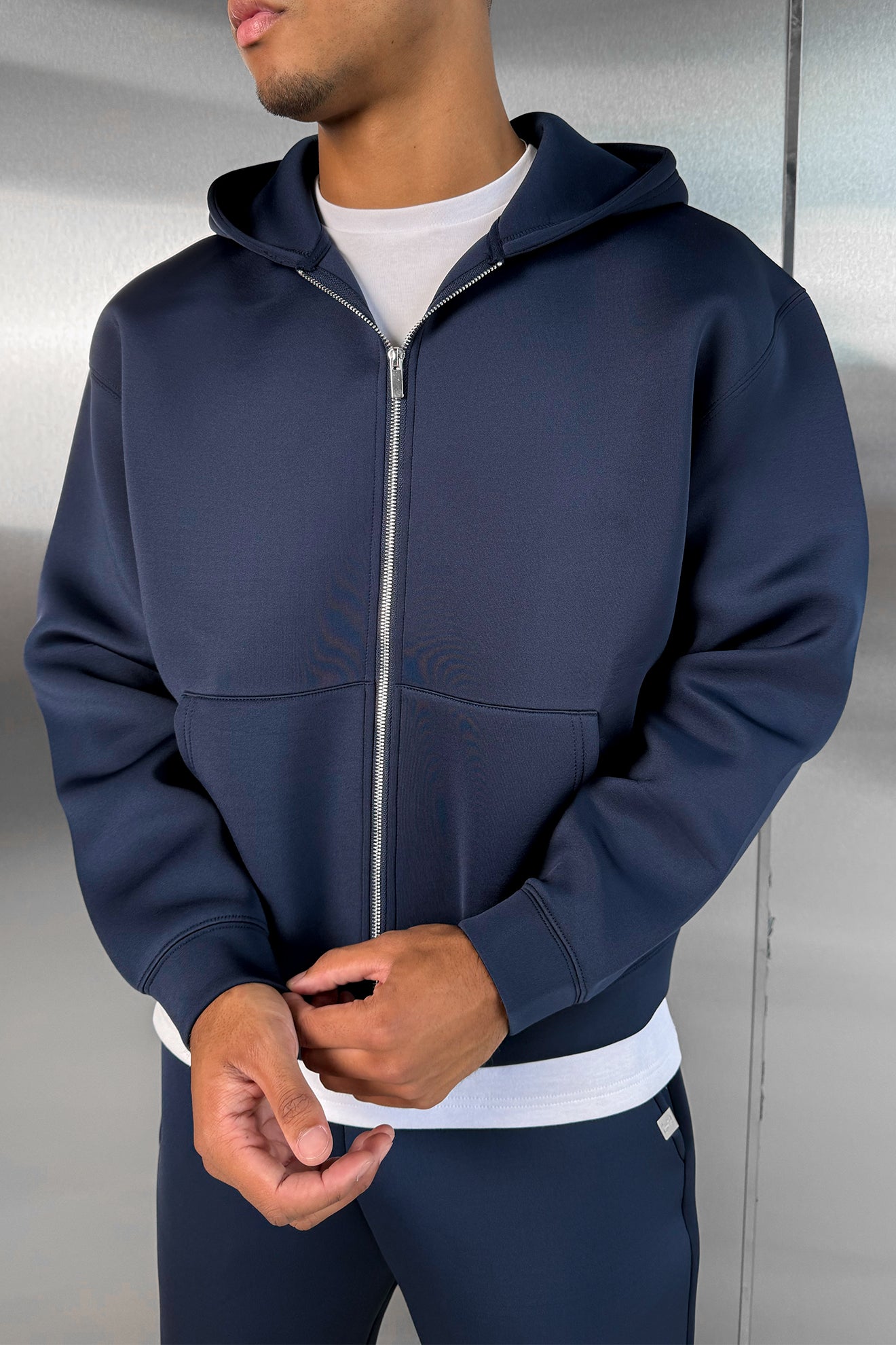 Boxy Scuba Zip Through Hoodie - Navy
