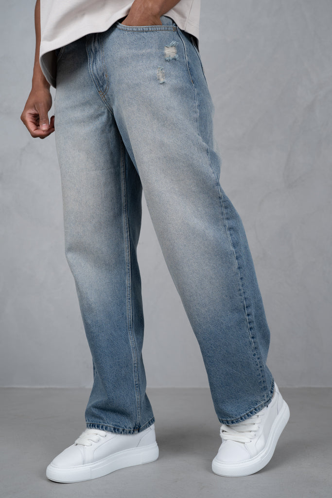Straight Leg Washed Denim - Blue