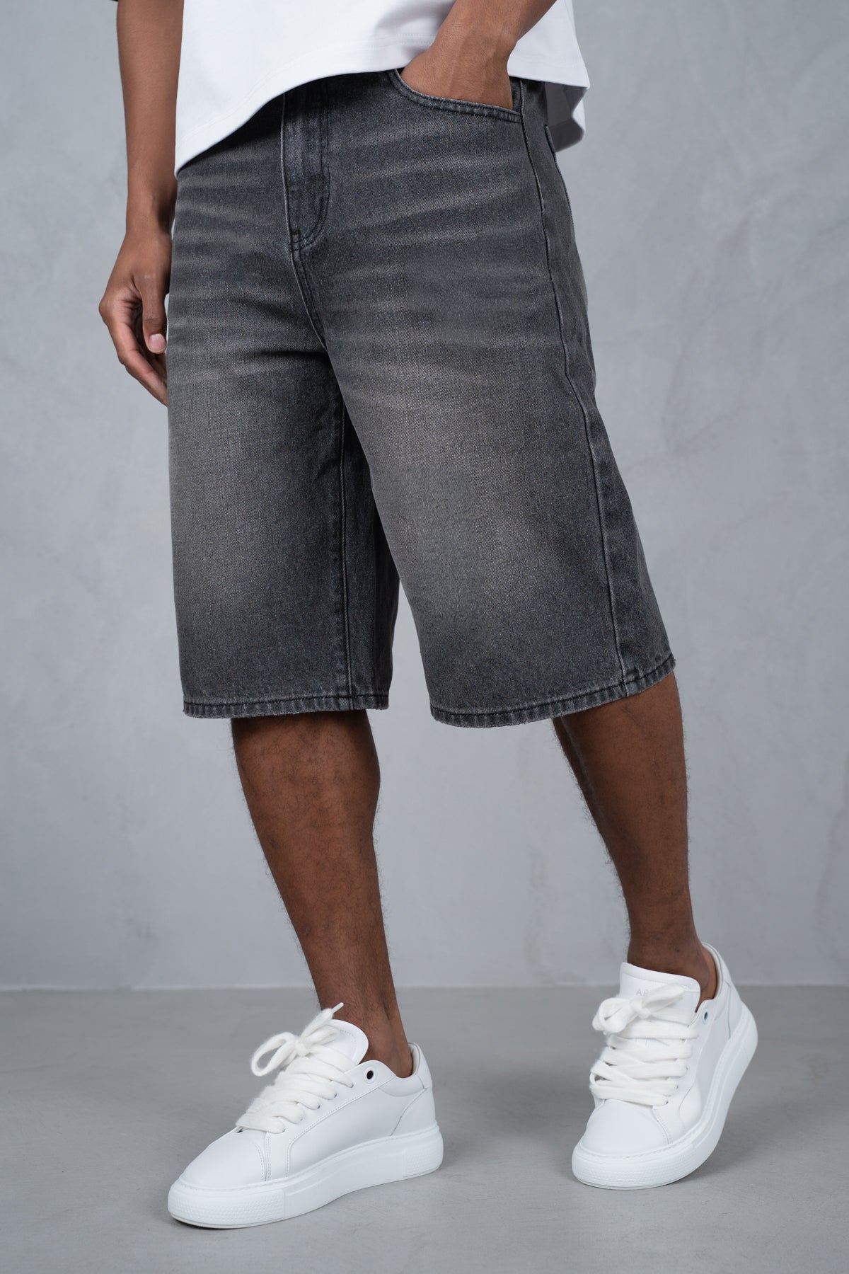 Washed Denim Jorts - Grey